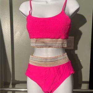NWOT Hot Pink Two-Piece Swimsuit with Striped Waistband  MEDIUM 10/12